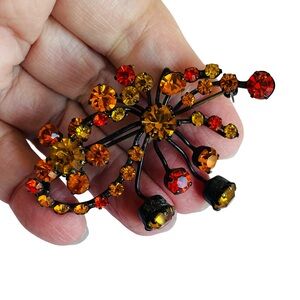 Vintage Signed Austrian Japaned Rhinestone Brooch Orange And Yellow